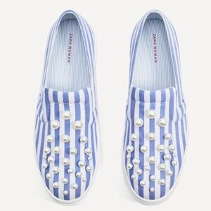 Zara Women's Striped Pearl-Embellished Slip-On Sneakers